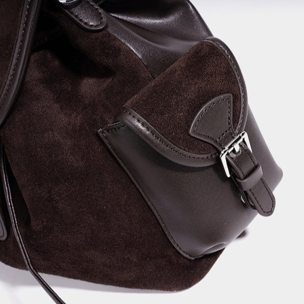 Women's Suede Leather Convertible Flap Backpack with Side Pockets