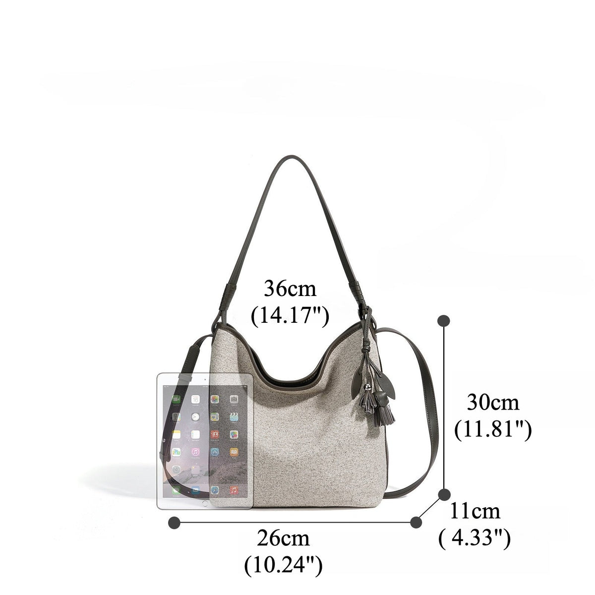Women's Canvas Bucket Bag with Leather Trim and Tassel Charm