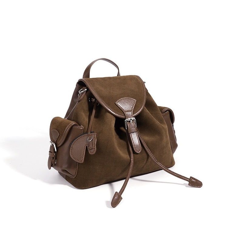 Women's Suede Leather Convertible Flap Backpack with Side Pockets