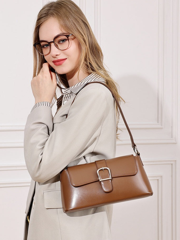 Women's Genuine Leather Vintage Baguette Shoulder Bag with Buckle