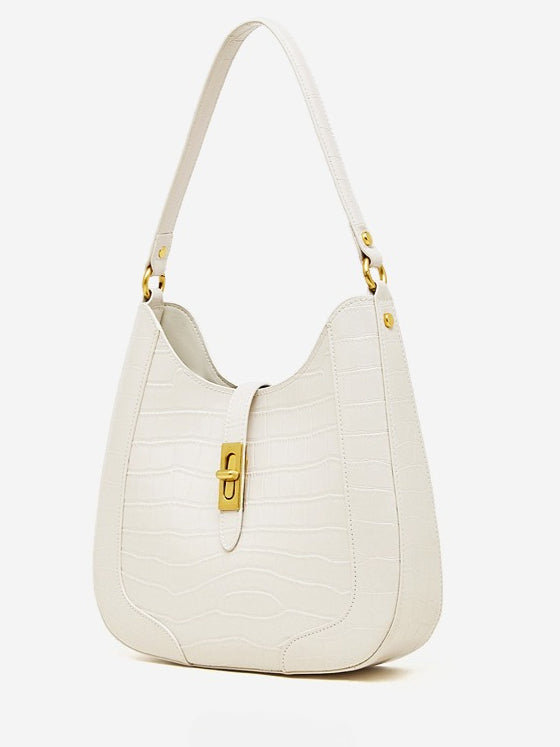 Women's Croc-Embossed Genuine Leather Hobo Bag with Detachable Pouch