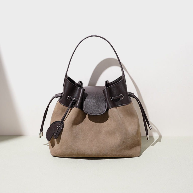 Women's Suede Leather Drawstring Bucket Bag with Horse Charm