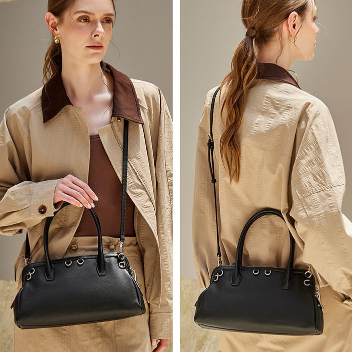 Women's Plain Cowhide Seashell Boston Bag with Double Zipper