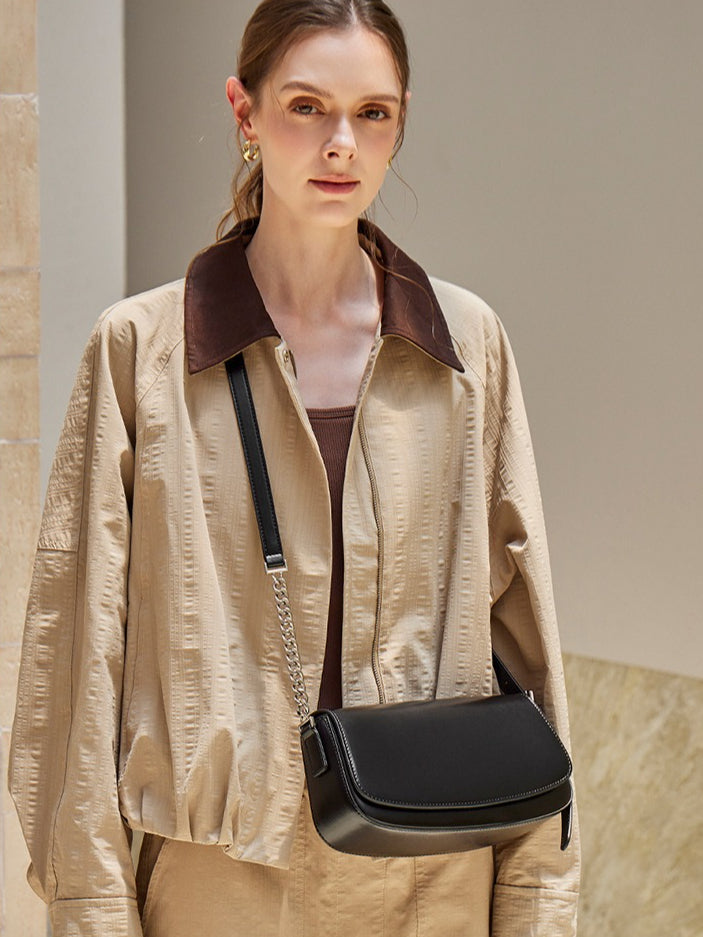 Women's Soft Cowhide Baguette Saddle Bag with Chain Strap