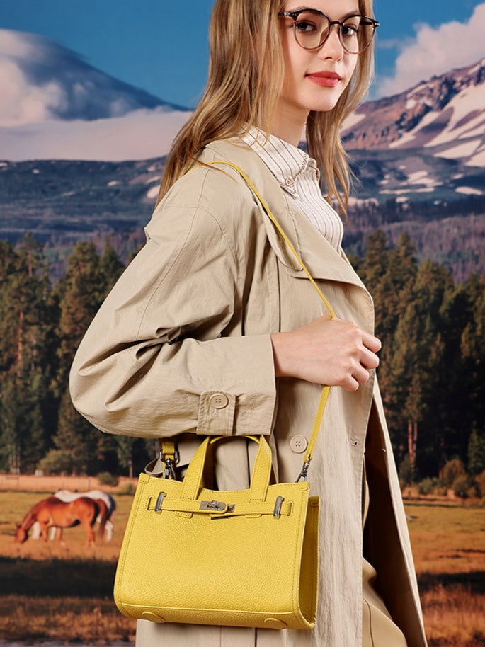 Women's Pebbled Cowhide Kelly Bag with Metal Turn-Lock