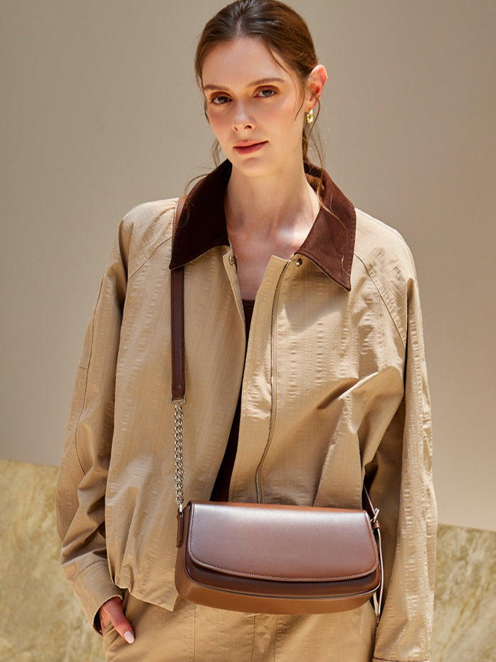 Women's Soft Cowhide Baguette Saddle Bag with Chain Strap