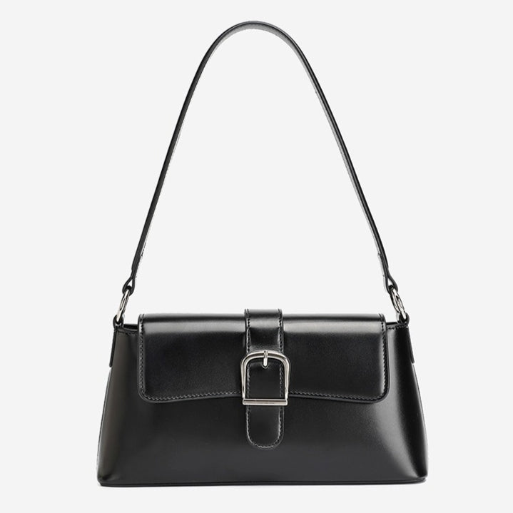 Women's Genuine Leather Vintage Baguette Shoulder Bag with Buckle