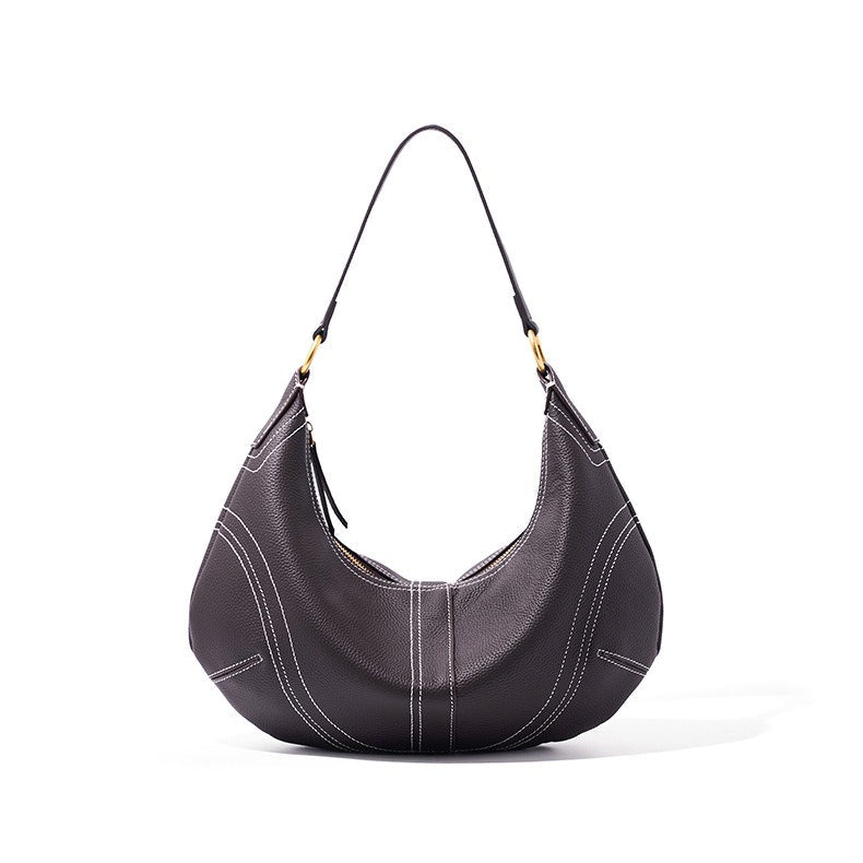 Women's Pebbled Cowhide Curved Hobo Bag with Contrast Stitching