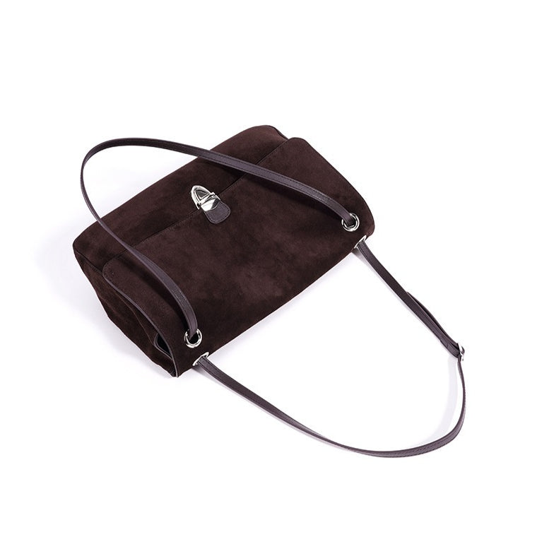 Women's Suede Leather Flap Shoulder Bag with Push-Lock