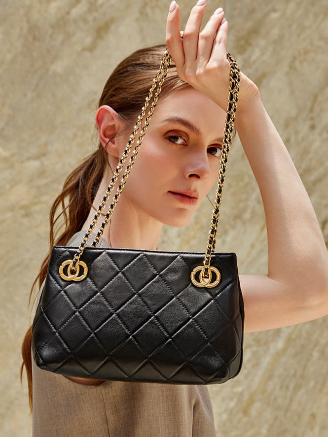 Women's Quilted Sheepskin Chain Mini Tote Bag