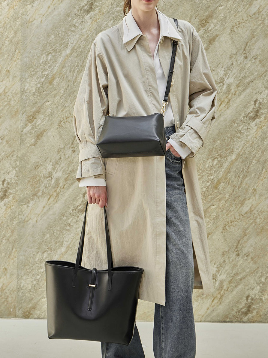 Women's Cowhide Tote Bag Set with Convertible Inner Pouch
