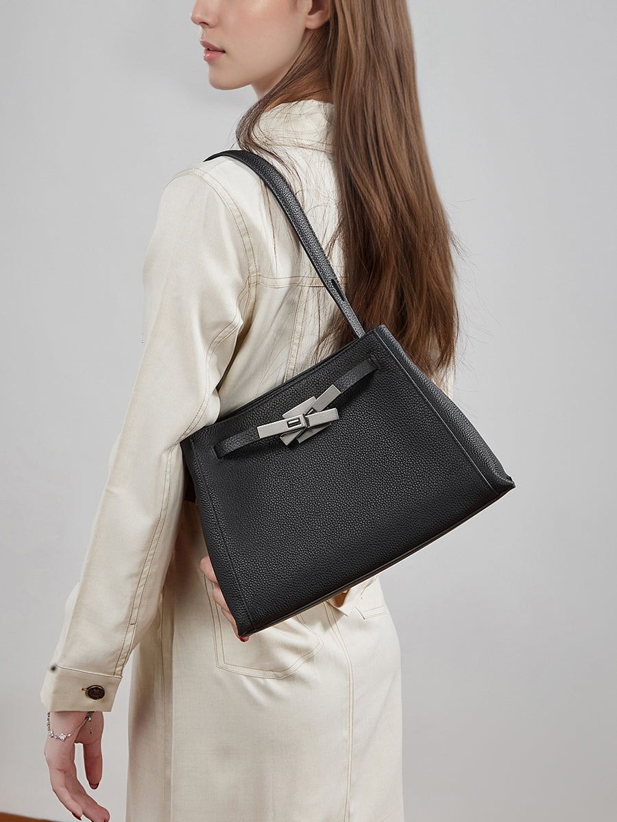 Women's Pebbled Cowhide Bucket Tote with Dual Straps