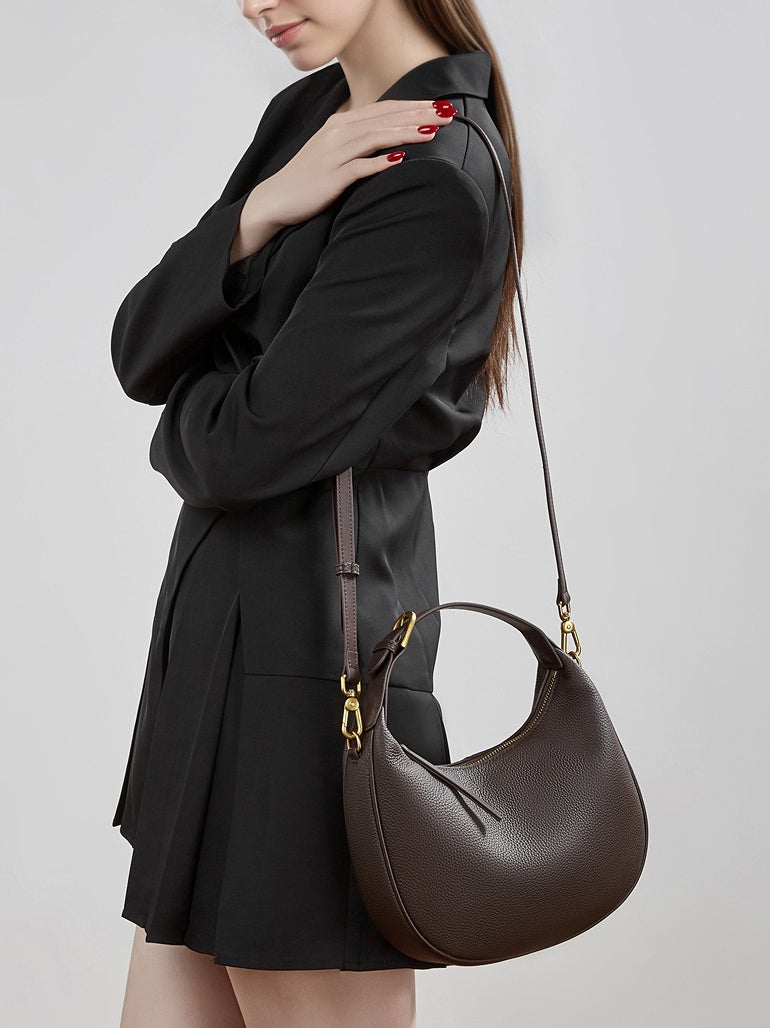 Women's Pebbled Cowhide Crescent Hobo Bag with Convertible Strap