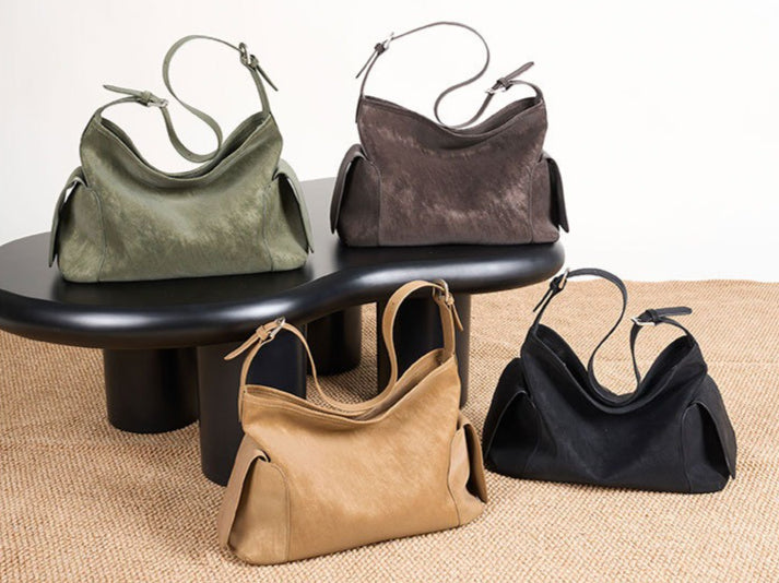 Women's Full-Grain Cowhide Slouchy Shoulder Bag with Side Pockets