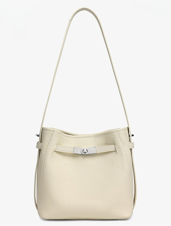 Women's Pebbled Cowhide Bucket Bag with Double-D Hardware