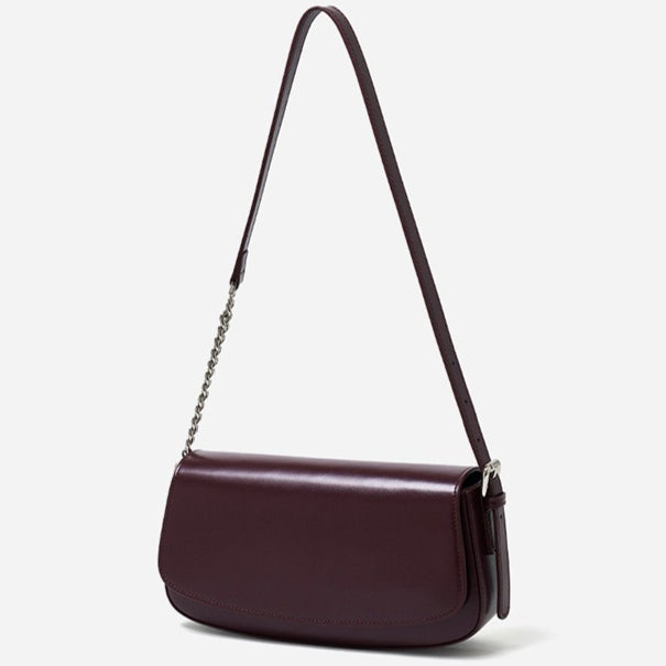 Women's Soft Cowhide Baguette Saddle Bag with Chain Strap