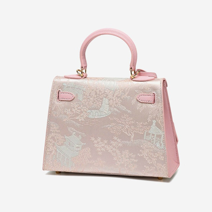 Women's Brocade Genuine Leather Kelly Bag with Padlock Charm