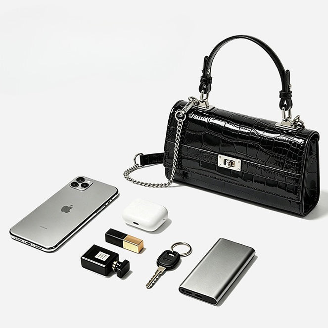 Women's Glossy Croc Cowhide Twist-Lock Envelope Bag
