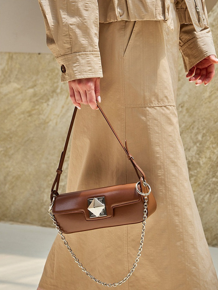 Women's Smooth Cowhide Silver-Buckle Baguette Shoulder Bag