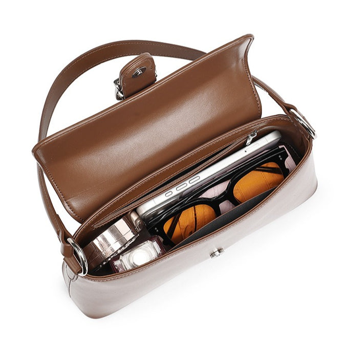 Women's Genuine Leather Vintage Baguette Shoulder Bag with Buckle