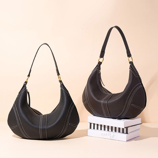 Women's Pebbled Cowhide Curved Hobo Bag with Contrast Stitching