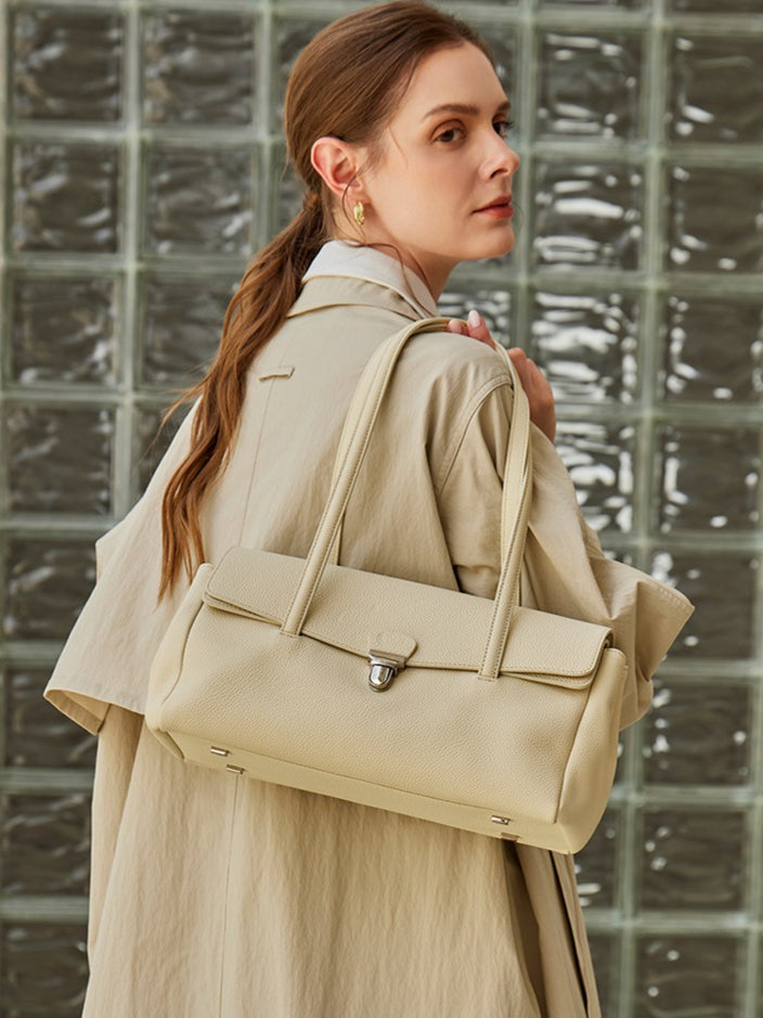 Women's Pebbled Cowhide Flap Tote with Twist-Lock Closure