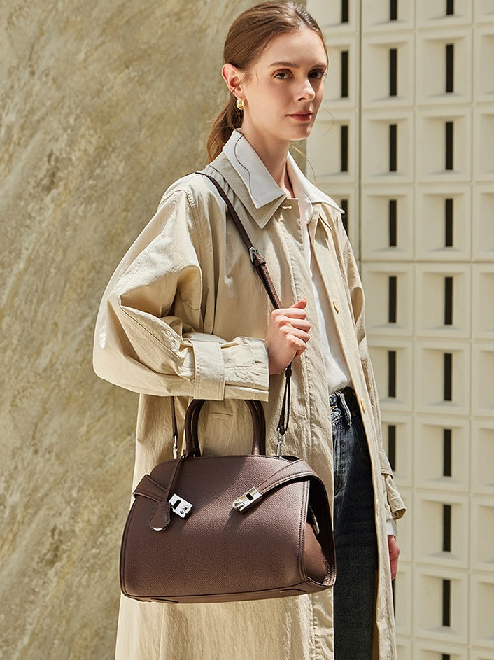 Women's Lychee-Grain Cowhide Double-Buckle Convertible Tote