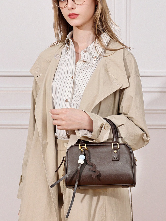 Women's Genuine Leather Boston Bag with Wavy Charm
