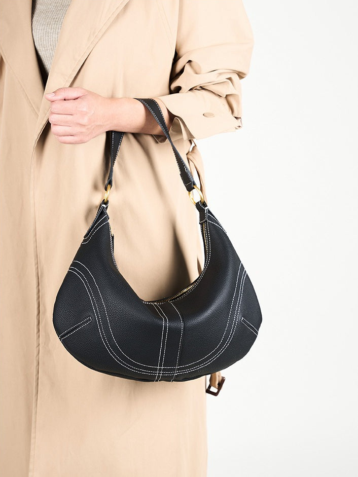 Women's Pebbled Cowhide Curved Hobo Bag with Contrast Stitching