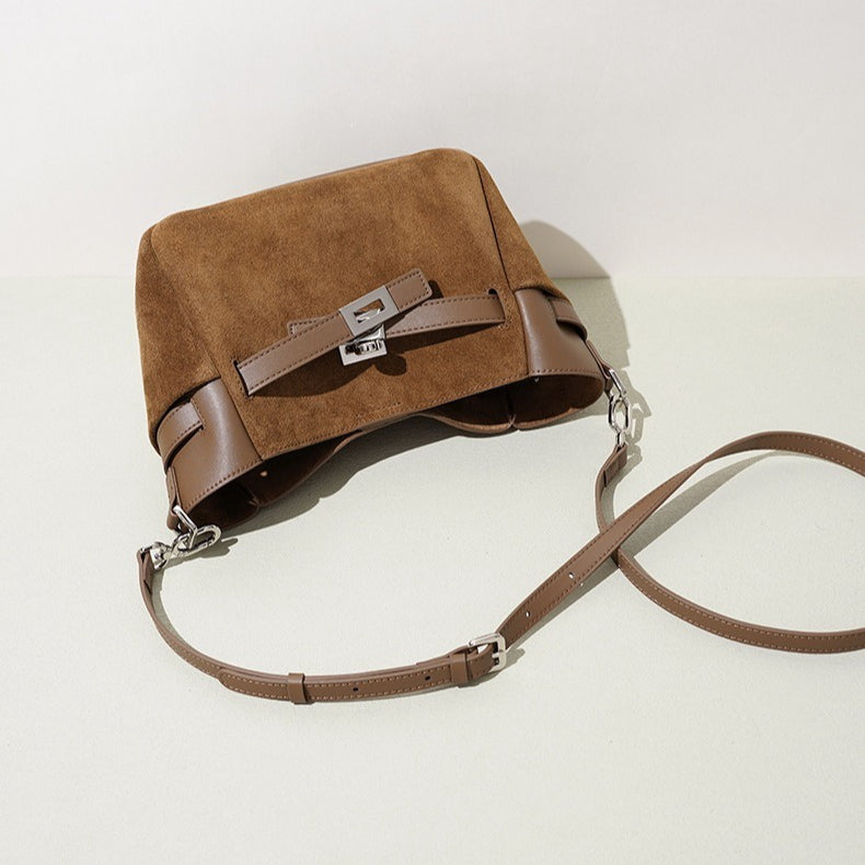 Women's Suede Cowhide Bucket Bag with Detachable Strap