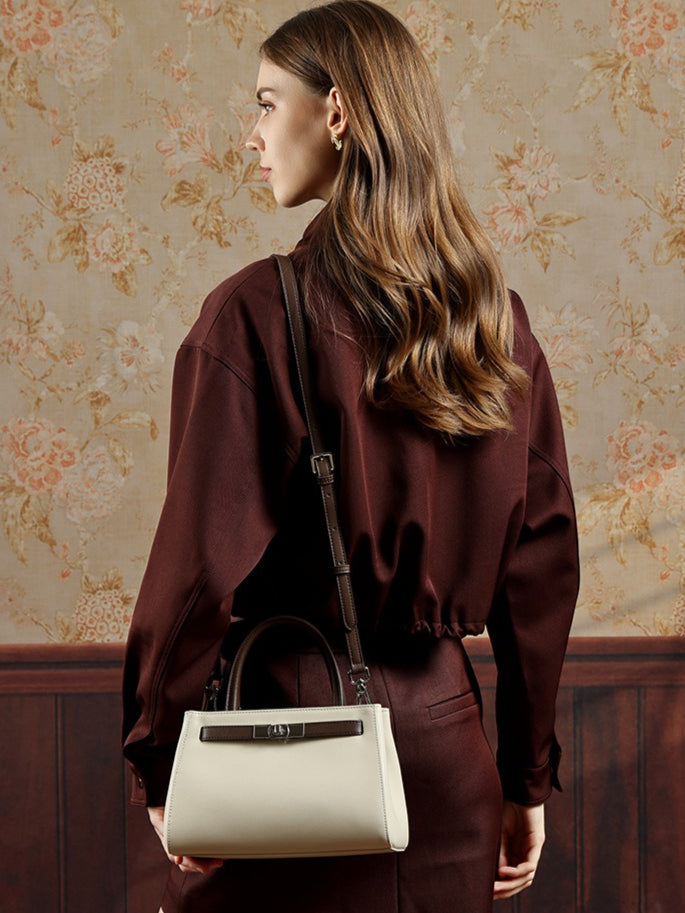 Women's Nappa Cowhide Turn-Lock Satchel with Detachable Strap