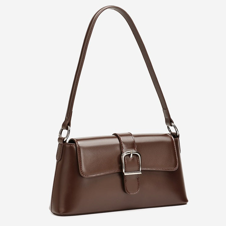 Women's Genuine Leather Vintage Baguette Shoulder Bag with Buckle