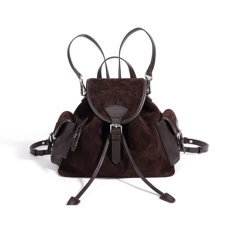 Women's Suede Leather Convertible Flap Backpack with Side Pockets
