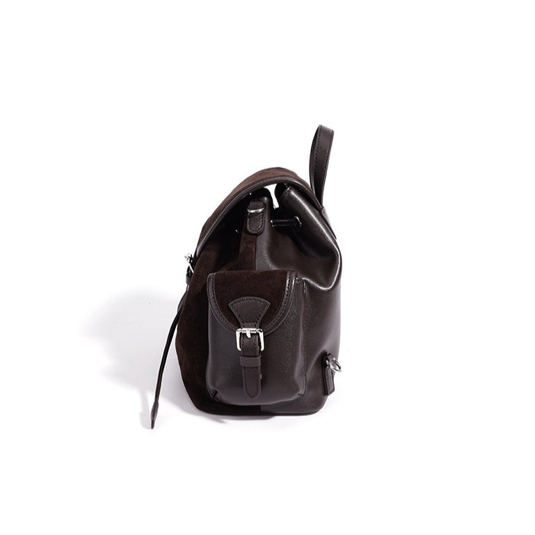 Women's Suede Leather Convertible Flap Backpack with Side Pockets
