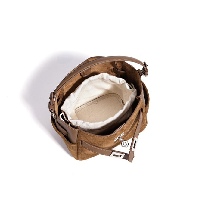 Women's Suede Cowhide Bucket Bag with Detachable Strap