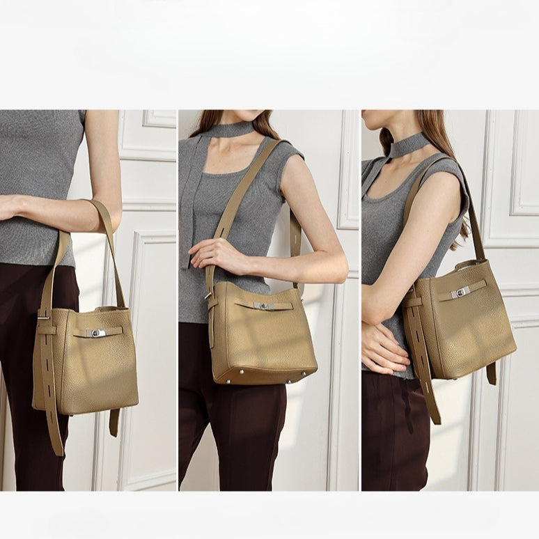 Women's Pebbled Cowhide Bucket Bag with Double-D Hardware