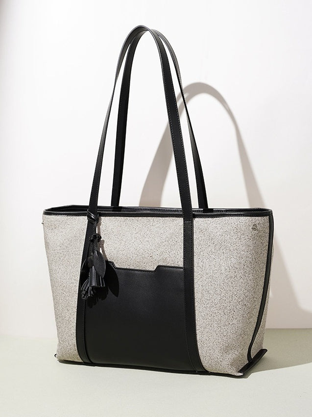 Women's Canvas Tote Bag with Genuine Leather Panels and Tassel Charm
