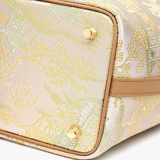 Women's Oriental Garden Genuine Leather Bucket Bag with Charm