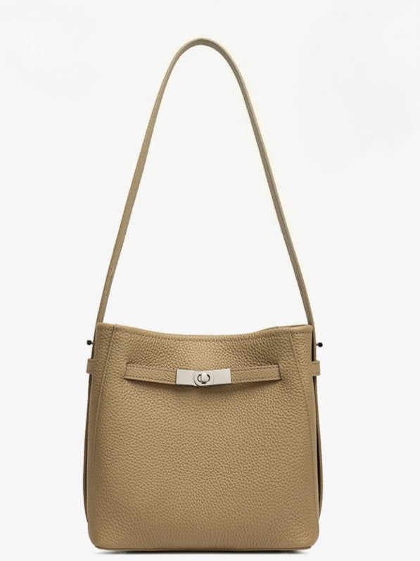 Women's Pebbled Cowhide Bucket Bag with Double-D Hardware