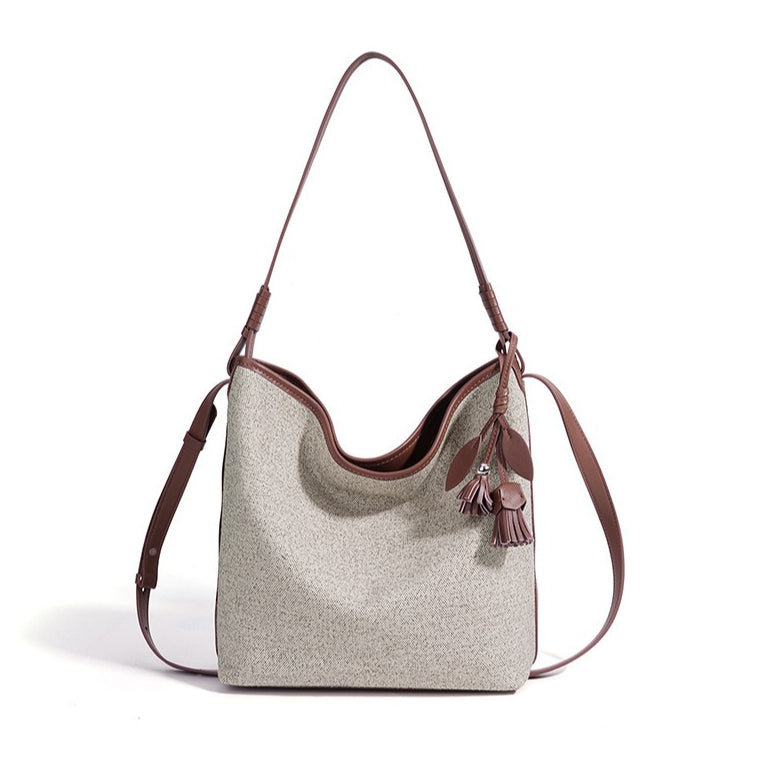 Women's Canvas Bucket Bag with Leather Trim and Tassel Charm