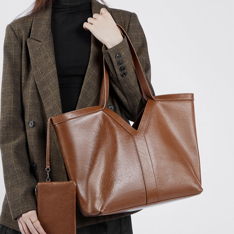 Women's Genuine Leather Open Top Vertical Tote Bag