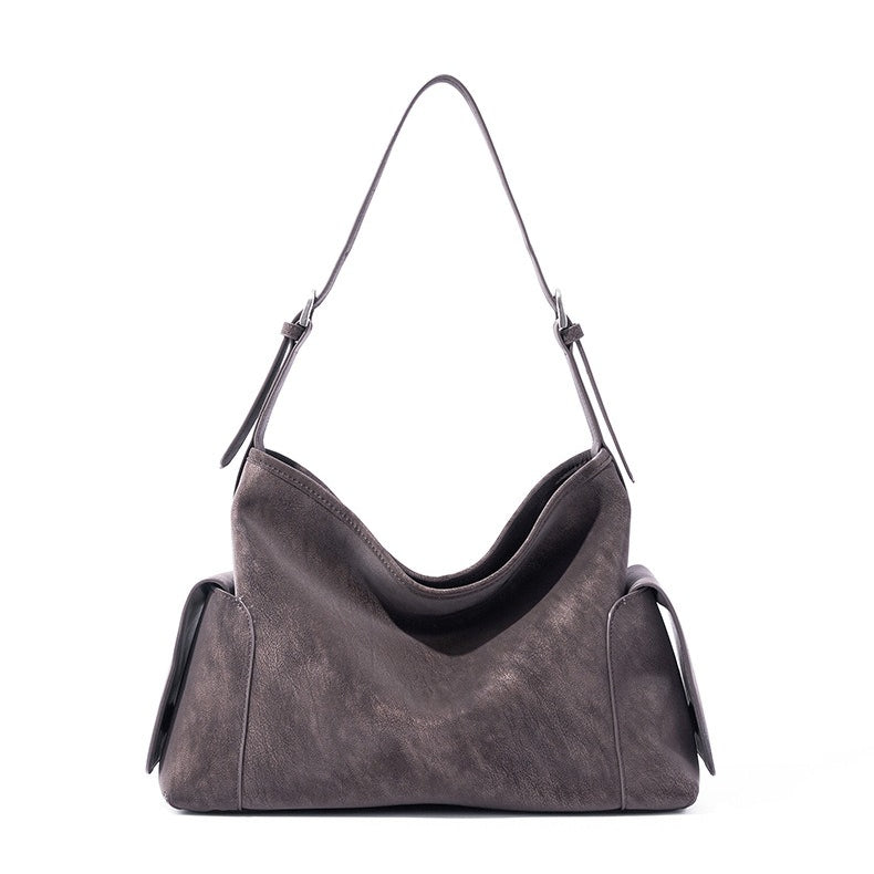 Women's Full-Grain Cowhide Slouchy Shoulder Bag with Side Pockets