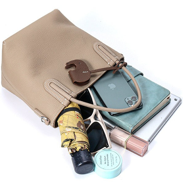 Women's Pebbled Cowhide Elephant Charm Mini Bucket Bag