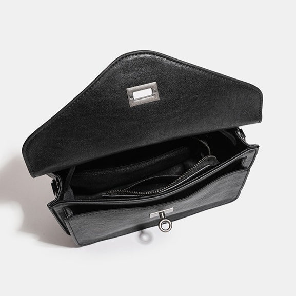 Women's Genuine Leather V-Flap Messenger Bag with Twist Lock