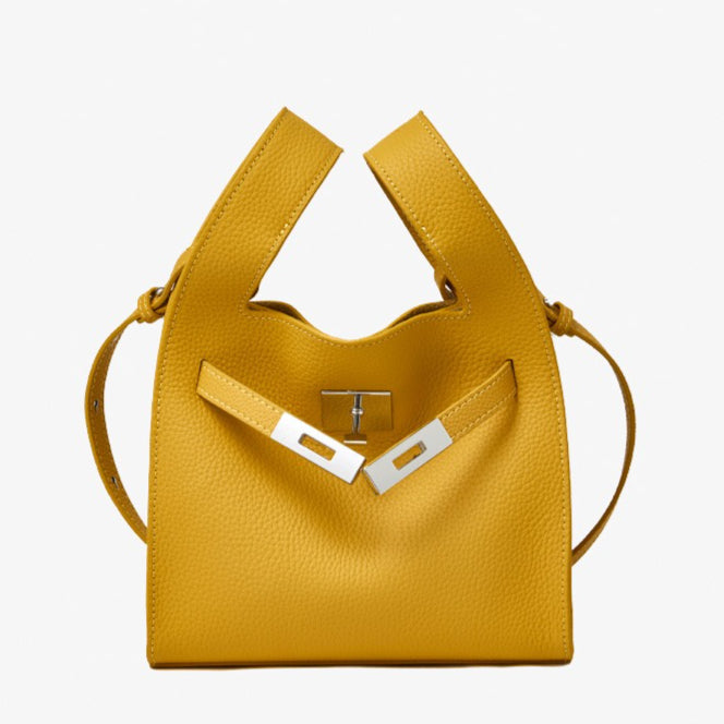 Women's Pebbled Cowhide Twist-Lock Bucket Bag with Inner Pouch
