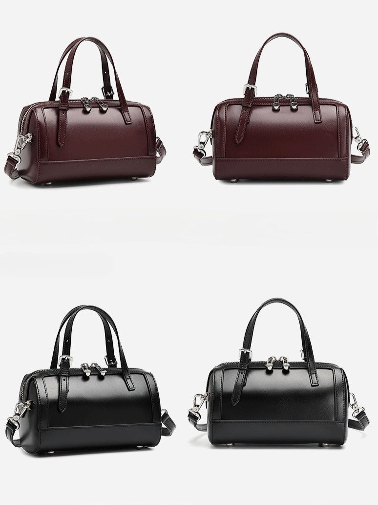 Women's Cowhide Retro Boston Barrel Bag with Adjustable Strap