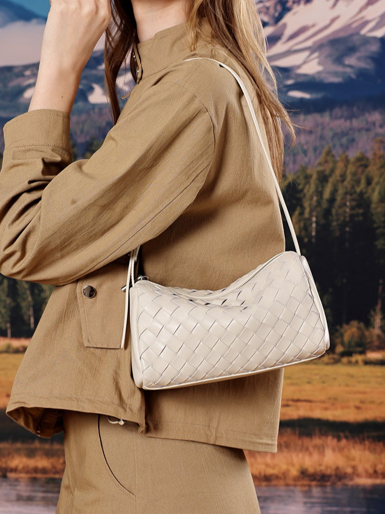 Women's Woven Sheepskin Baguette Bag with Adjustable Strap