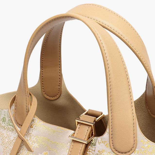 Women's Oriental Garden Genuine Leather Bucket Bag with Charm