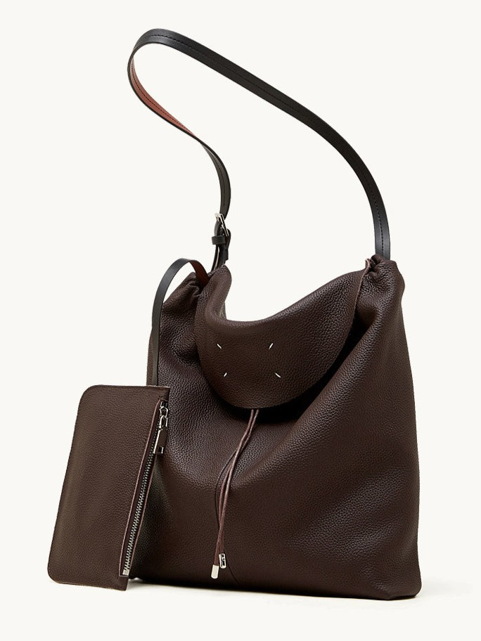 Women's Genuine Leather Slouch Tote Bag with Adjustable Strap & Detachable Pouch