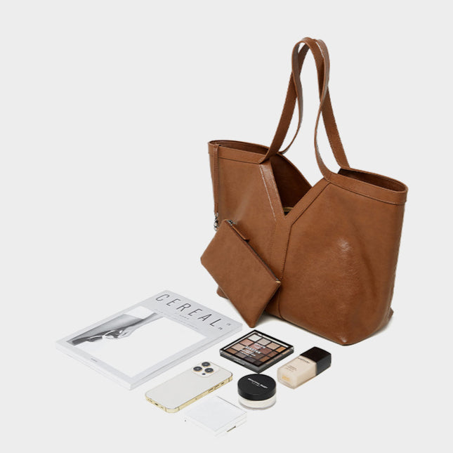 Women's Genuine Leather Open Top Vertical Tote Bag
